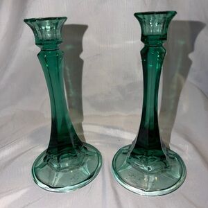 Vintage Teal Green Glass Taper Candlestick Holders - Pair (7.5")